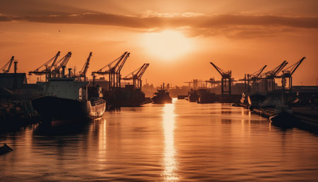 Industrial ship unloading cargo containers at commercial dock at dusk generated by artificial intelligenceの素材
