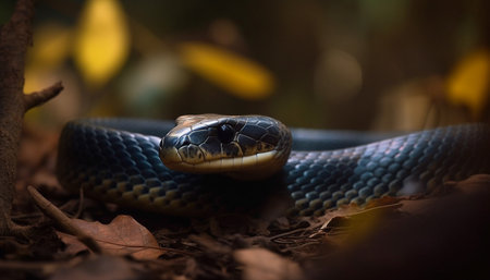 Poisonous viper slithers on branch, focus on its spooky eye generated by artificial intelligenceの素材