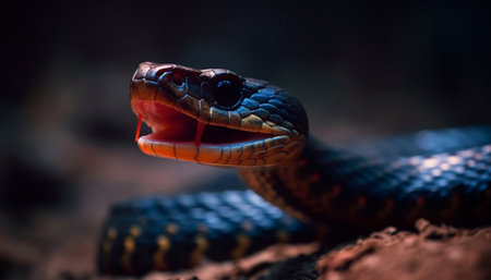 The venomous viper forked tongue flicks in the spooky forest generated by artificial intelligenceの素材