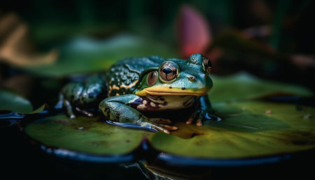 Green bullfrog sitting on wet leaf, looking at camera outdoors generated by artificial intelligenceの素材