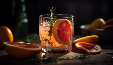 Juicy citrus cocktail on rustic wood table, perfect summer refreshment generated by artificial intelligenceの素材