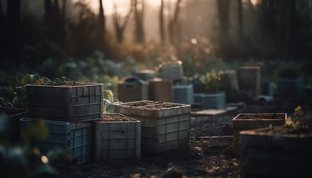Spooky old crate stacked with autumn leaves and tombstones outdoors generated by artificial intelligenceの素材
