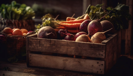 Rustic autumn harvest Fresh organic vegetables in wooden crate generated by artificial intelligenceの素材