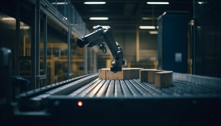 Robotic arm cuts metal on automated production line in factory generated by artificial intelligenceの素材
