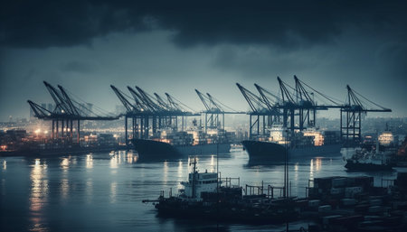 Container ship unloading cargo at commercial dock with crane machinery generated by artificial intelligenceの素材