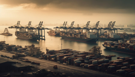 Container ship carrying heavy cargo unloading at Rotterdam commercial dock generated by artificial intelligenceの素材