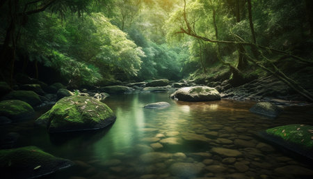 Tranquil scene of a tropical rainforest with flowing water motion generated by artificial intelligenceの素材