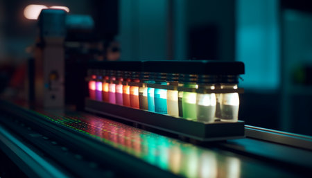 Blue liquid in a row, illuminated by futuristic lighting equipment generated by artificial intelligenceの素材