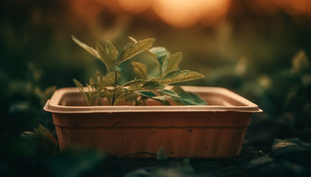 Fresh green plant growth in flower pot, outdoors in summer generated by artificial intelligenceの素材