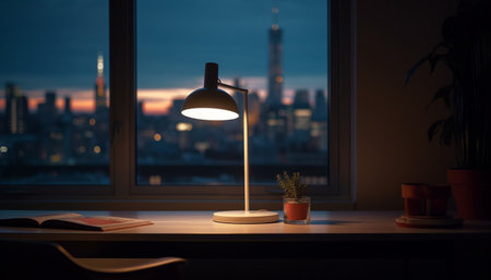The illuminated library desk in the modern skyscraper at dusk generated by artificial intelligenceの素材