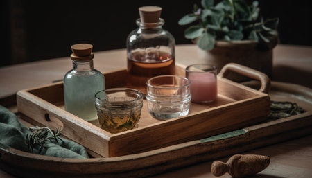 Rustic whiskey bottle on wooden table with fresh herb decoration generated by artificial intelligenceの素材