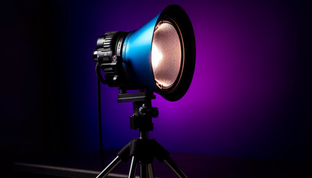 Spotlight shines on shiny reflector in dark stage theater performance generated by artificial intelligenceの素材