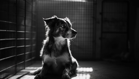 Portrait of a small, cute black and white puppy sitting generated by artificial intelligenceの素材