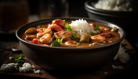 Rustic homemade stew with pork, beef, seafood, and vegetables generated by artificial intelligenceの素材