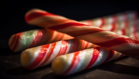 A colorful candy cane stack, ready to eat indulgence in stripes generated by artificial intelligenceの素材