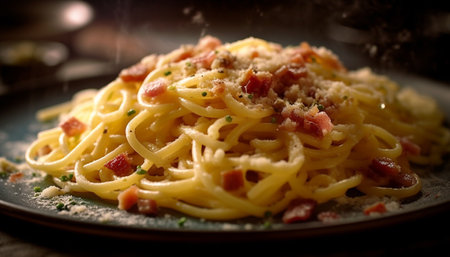 Freshly cooked vegetarian linguini with savory parmesan cheese and herbs generated by artificial intelligenceの素材