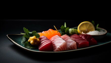 Fresh seafood sashimi plate with prawn and ginger appetizer generated by artificial intelligenceの素材
