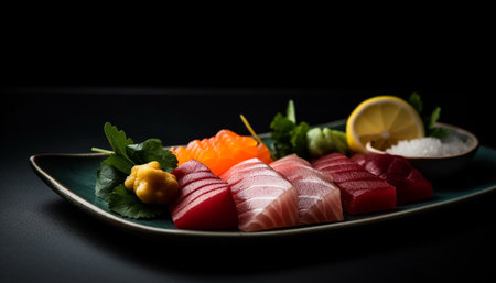 Fresh seafood sashimi plate with prawn and ginger appetizer generated by artificial intelligence