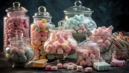 A colorful gourmet candy jar, a childhood indulgence temptation generated by artificial intelligenceの素材