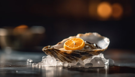 A gourmet seafood meal with fresh oysters and lemon garnish generated by artificial intelligenceの素材