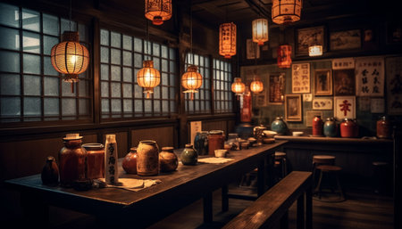 Rustic lantern illuminates old bar, modern design meets Chinese culture generated by artificial intelligenceの素材