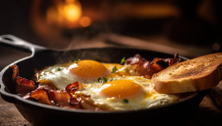 Freshly cooked rustic meal on cast iron plate with fried egg generated by artificial intelligenceの素材