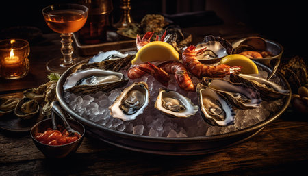 A gourmet seafood meal on a dark wooden table, ready to eat generated by artificial intelligenceの素材