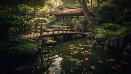 A tranquil scene of a man made bridge over a pond generated by artificial intelligenceの素材