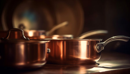 Stainless steel saucepan on stove top boils fresh meal perfectly generated by artificial intelligenceの素材