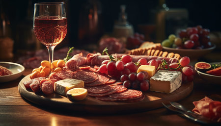 A rustic pork meal with smoked meat and fresh fruit generated by artificial intelligenceの素材