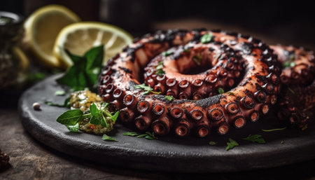 Grilled octopus salad with fresh seafood, lime, and organic vegetables generated by artificial intelligenceの素材