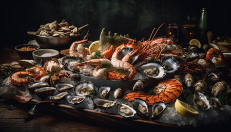 A gourmet seafood meal with grilled prawns and scampi generated by artificial intelligenceの素材