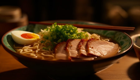 Freshly cooked ramen noodles with pork and vegetables in soup generated by artificial intelligenceの素材