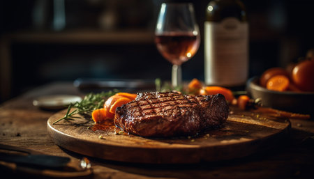 Grilled sirloin steak on rustic wood table, ready to eat with wine generated by artificial intelligenceの素材