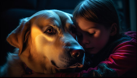 A girl and her loyal retriever, embracing in nature beauty generated by artificial intelligenceの素材
