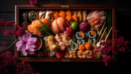 Japanese gourmet meal sushi, sashimi, and seafood on wooden tray generated by artificial intelligenceの素材