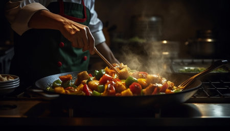 The chef is preparing a healthy vegetarian meal indoors generated by artificial intelligenceの素材
