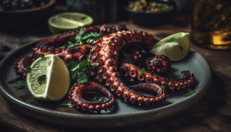 Grilled seafood plate with octopus tentacles, lemon, and fresh vegetables generated by artificial intelligenceの素材