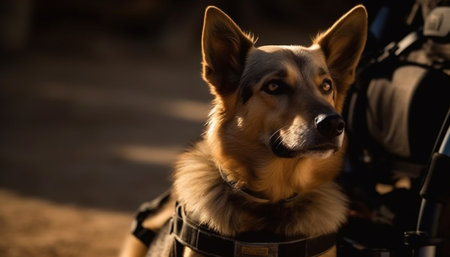 Purebred German Shepherd sitting in forest, loyal guard dog adventure generated by artificial intelligenceの素材