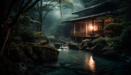The mysterious old bridge over the tranquil pond at dusk generated by artificial intelligenceの素材