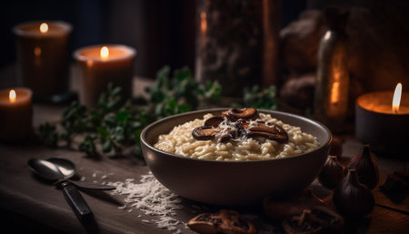 A rustic still life oatmeal porridge, fresh milk, and pumpkin generated by artificial intelligenceの素材