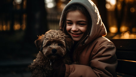 Smiling females embracing playful puppy, enjoying warm autumn day outdoors generated by artificial intelligenceの素材
