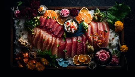 A gourmet lunch of fresh seafood sashimi and grilled meat generated by artificial intelligenceの素材