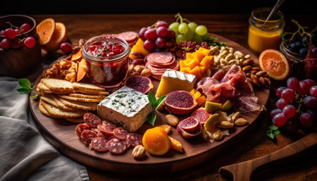 A rustic appetizer tray with fresh meat, fruit, and bread generated by artificial intelligenceの素材
