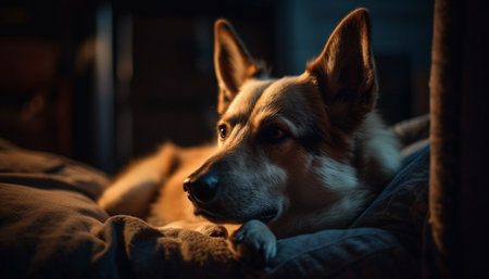 A cute German Shepherd puppy sitting on a comfortable sofa generated by artificial intelligenceの素材
