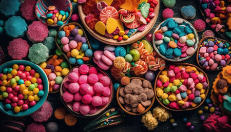 A vibrant circle of multi-colored candy, a childhood indulgence generated by artificial intelligenceの素材