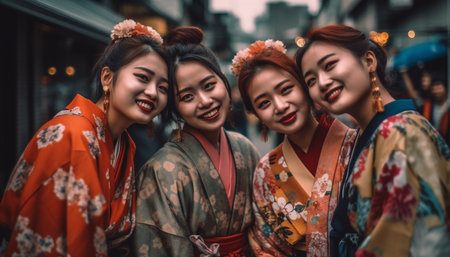 Three young women in traditional clothing celebrate with toothy smiles generated by artificial intelligenceの素材