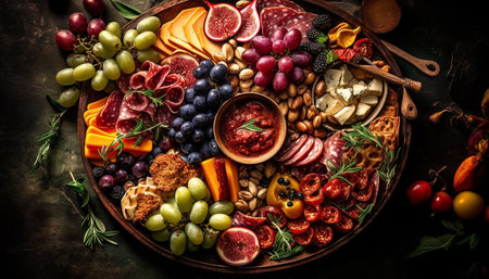 A gourmet tapas meal with smoked meat, Camembert, and wine generated by artificial intelligenceの素材