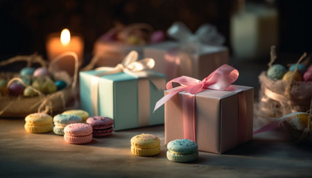 A cute gift box wrapped in blue paper and love generated by artificial intelligenceの素材