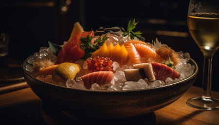 Fresh sashimi and prawn nigiri on wooden crockery for lunch generated by artificial intelligenceの素材